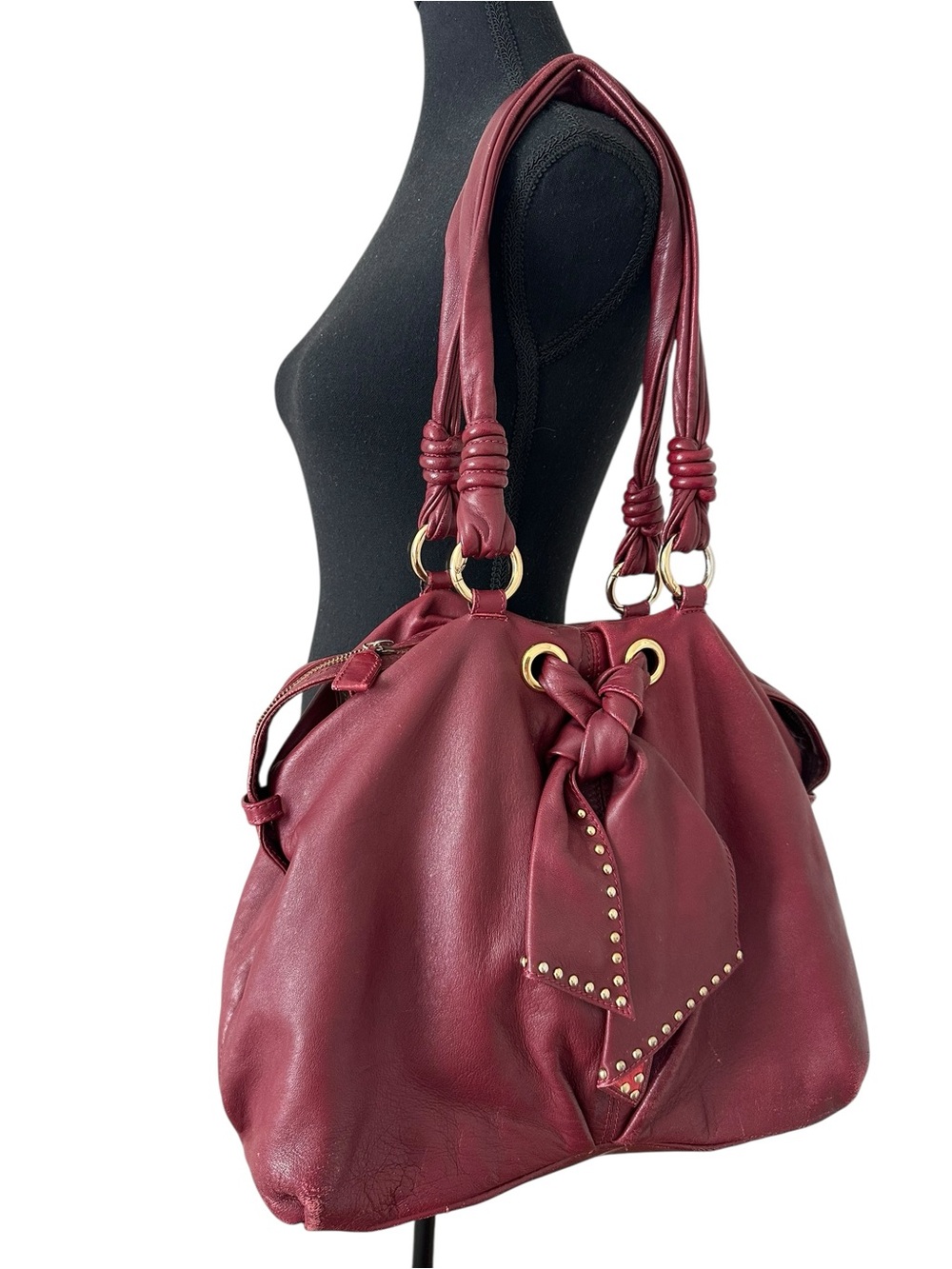 Paolo Masi Genuine Leather Knot-Detail Burgundy Shoulder Bag with Gold Accents